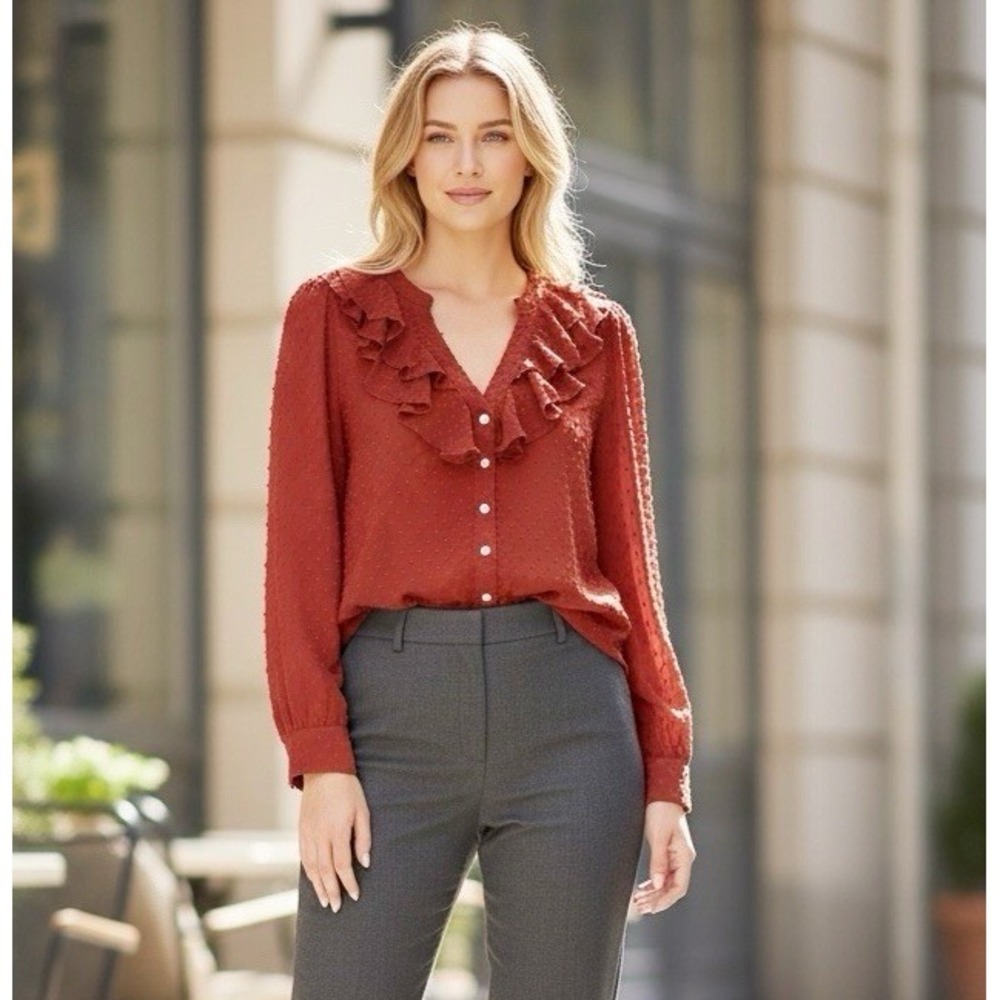 J.Crew Women's M Deep V Ruffle Neck Chiffon Swiss Dot Button Blouse Rust EUC
